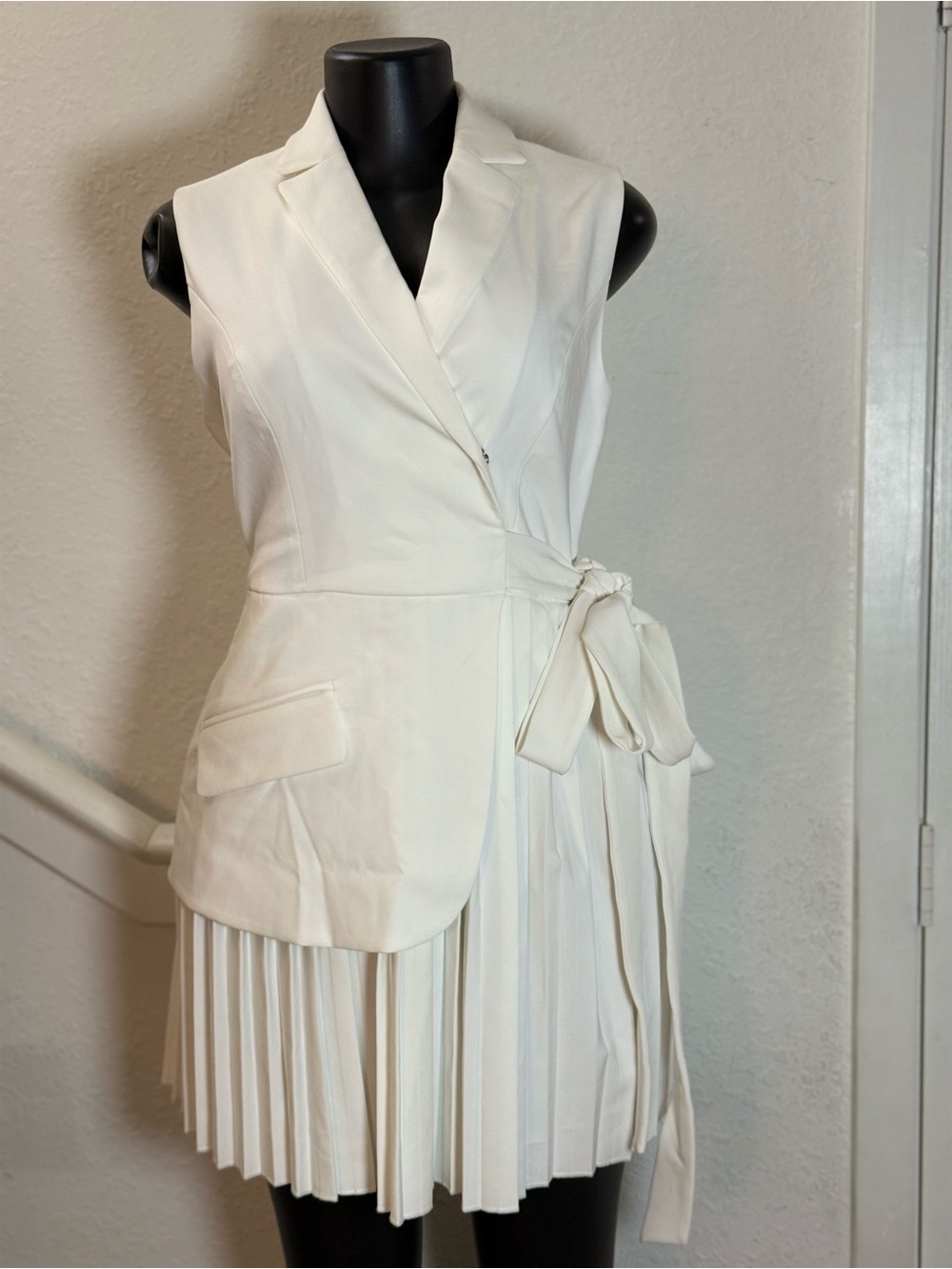 Commense Cream Sleeveless Wrap Blazer Dress with Pleated Skirt - Picture 3 of 7
